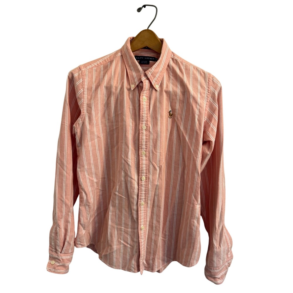 Ralph Lauren Kids Boys Size 12 Peach White Striped Oxford Slim Fit Altered Shirt